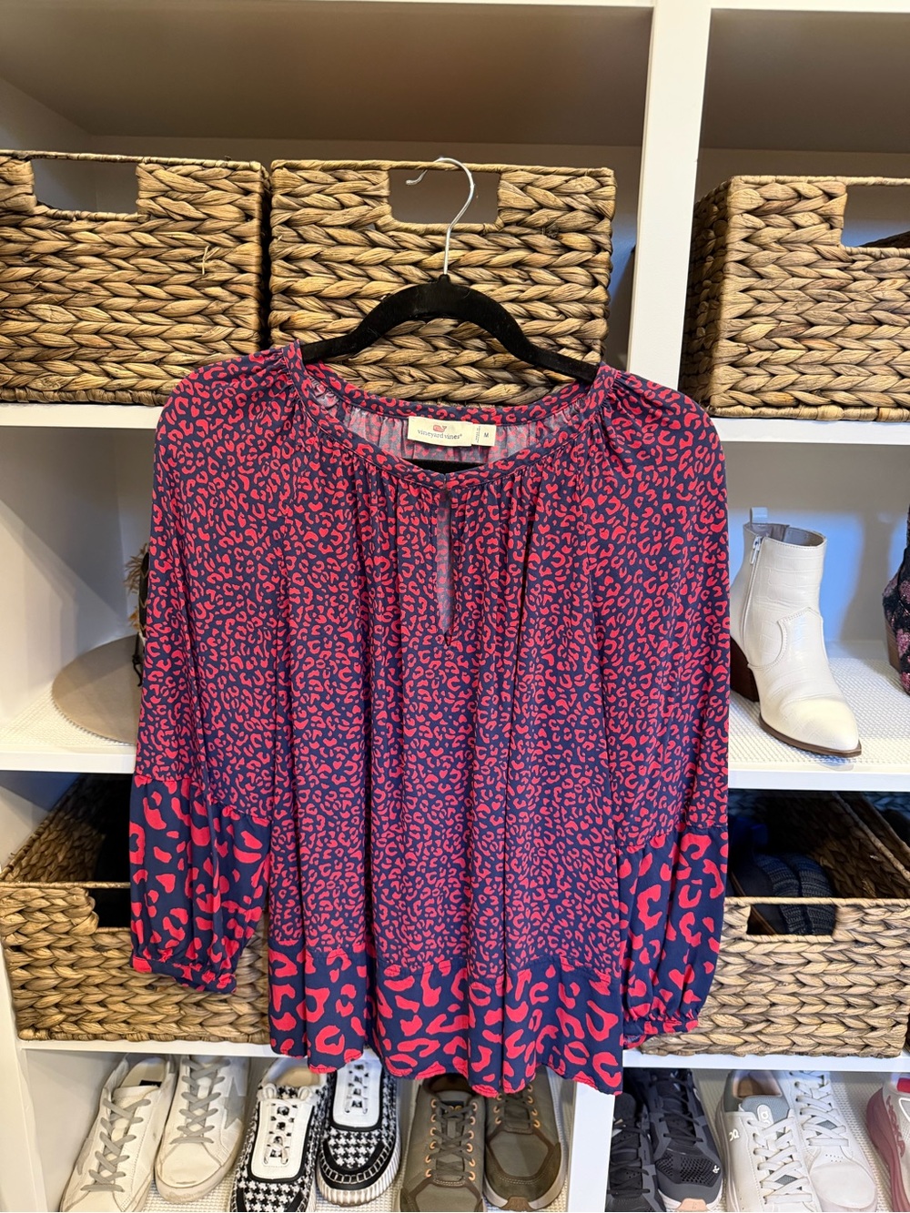 Vineyard Vines Pink and Navy Leopard-Print Peasant Blouse